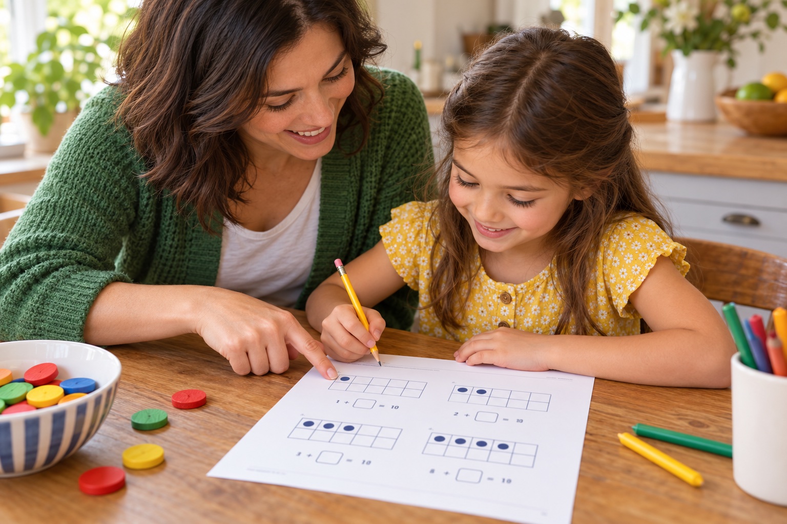 Illustrative AI-generated scene of a mother helping her daughter explore a ten-frame worksheet