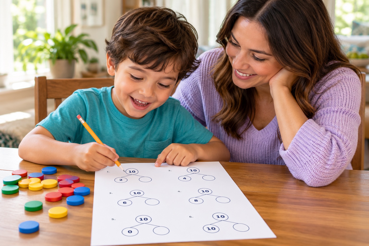 Illustrative AI-generated scene of a mother and her son exploring a number-bond worksheet together