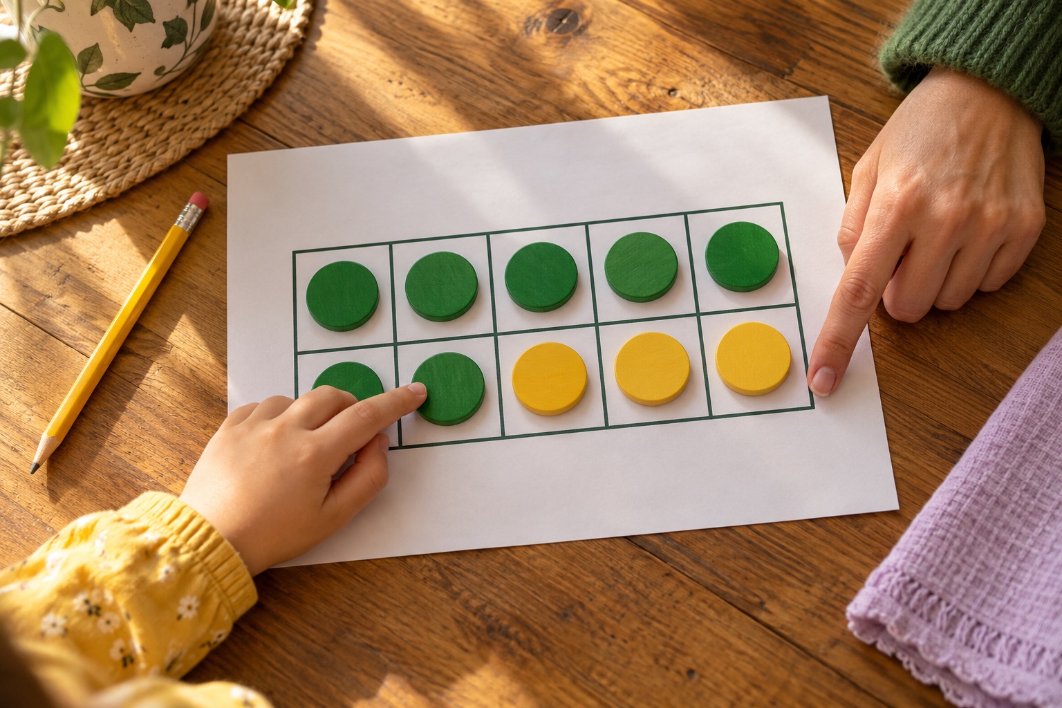 AI-generated illustrative scene: a mother's and child's hands explore a ten-frame with seven green counters and three yellow counters