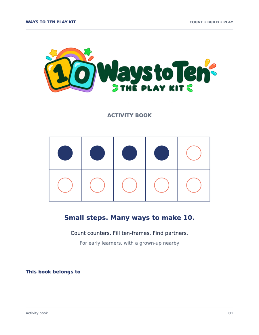 Actual activity book cover: Ways to Ten Play Kit, with a ten-frame