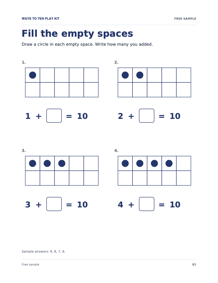 Free ten-frame worksheet: fill empty spaces to make ten, starting with one, two, three and four counters. Answers at the bottom.